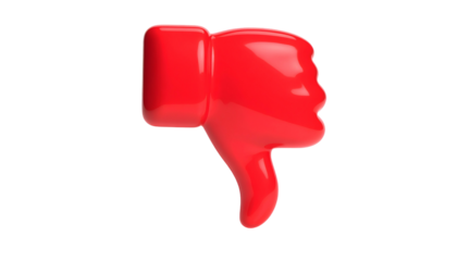 3D rendered, glossy red thumb down icon on black background