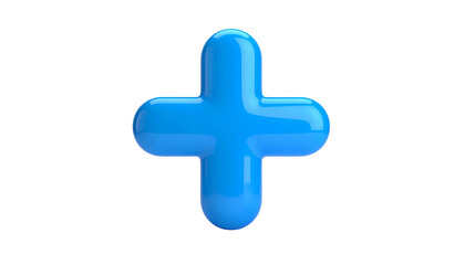 Fototapeta premium Glossy, rounded, 3D plus sign in a vibrant sky blue color, isolated on a black background