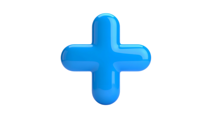 Glossy, rounded, 3D plus sign in a vibrant sky blue color, isolated on a black background