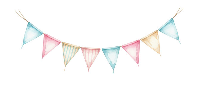 watercolor bunting garland illustration of triangular pastel pink and blue flags on natural twine against a bright white background, charming festive design concept
