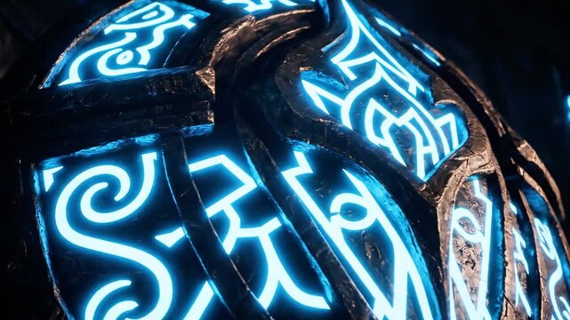 Glowing cyan runic symbols pulse across dark weathered metal panels of an ornately spherical device