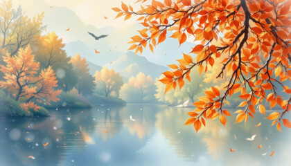 Autumn lake with orange leaves and birds flying over calm water reflecting colorful trees and distant mountains in soft light
