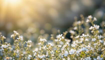 White wildflower field with soft sunlight and blurred background creating peaceful and serene natural atmosphere