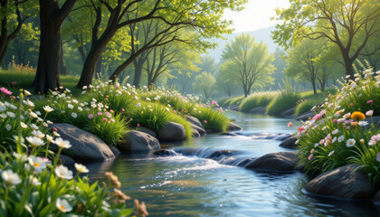 Serene natural background with flowing river surrounded by green trees, rocks, and blooming wildflowers under soft sunlight
