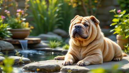 Wrinkled dog rests peacefully by garden pond with flowing water and lush green plants, creating serene outdoor scene