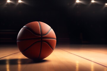 Single Regulation Basketball Resting on a Hardwood Court in a Dark, Spotlighted Arena. Sports equipment advertising, athletic training programs, or event venue and competition concepts.