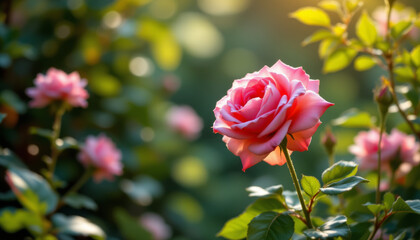 Pink rose flower blooming in garden with soft sunlight and green leaves creating peaceful and romantic atmosphere