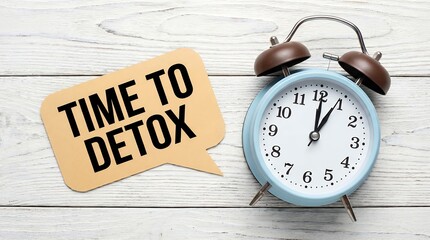 A pale blue analog alarm clock rests beside a beige speech bubble sign stating TIME TO DETOX against a light colored wooden surface background Health Wellness Cleanse Refreshment
