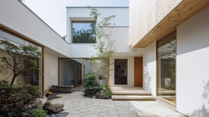 Stunning contemporary home exterior design idea with a serene central courtyard integrating nature and modern architecture