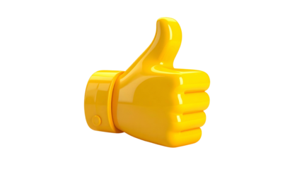 A glossy, 3D rendered yellow thumbs-up icon against a stark black background