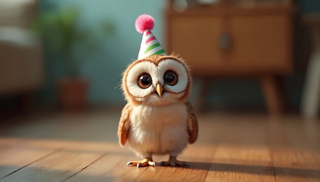 Cute owl wears festive party hat on wood floor. Adorable bird looks at camera with big eyes, ready for a fun animal birthday celebration indoors.