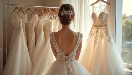 Bride tries on wedding dress in boutique. Woman with elegant hairstyle chooses bridal gown near window with dresses on hangers. Elegant attire for ceremony, marriage. Beautiful fashion choice.