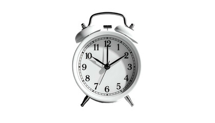 Close-up of a classic white alarm clock, hands pointing to 1000, against a black backdrop