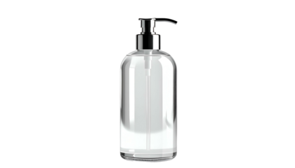 Clear glass bottle with chrome pump against a black background