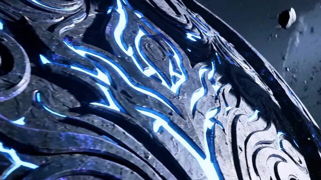 Close-up of a metallic surface with swirling engravings and electric blue neon highlights with glow