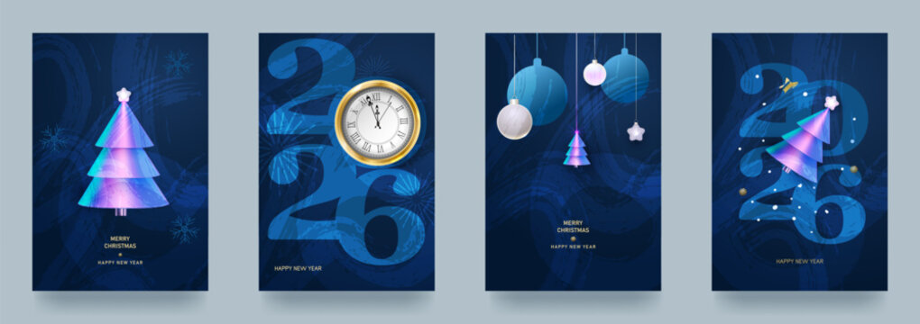A set of Christmas cards. Vector illustrations for backgrounds, greeting cards, party invitations, and banners. Balls, Christmas tree, clock, and gradients.