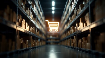 A warehouse aisle perspective with a glowing shopping cart icon overlaid, symbolizing online retail and stock management