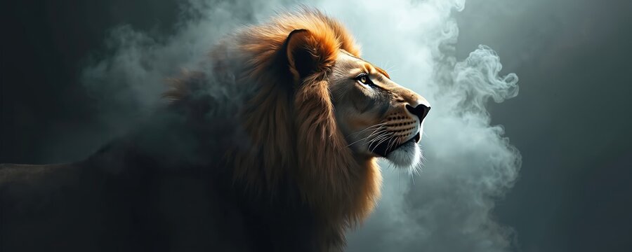 Majestic lion head emerges from smoke. Powerful king of beasts with mane like fire appears ready to roar. Symbol of strength rebirth triumph appears during cloudy day.