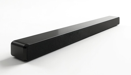 Fototapeta premium Black soundbar speaker for home theater. This sleek audio device offers immersive sound for movies and music. Modern tech for home entertainment.