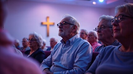 Seniors in church sit on pews during peaceful religious service. Faithful seniors in church gather for spiritual community