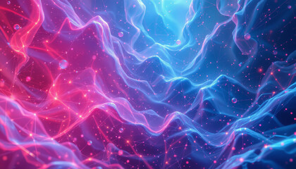 Digital abstract background with flowing blue and pink waves and glowing particles creating vibrant and dynamic atmosphere