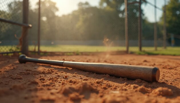 Wooden baseball bat rests on dirt infield in batting cage. Sunlight shines on dusty ground and fence with trees in background. Sport equipment for baseball game practice.