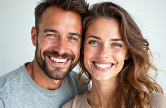 Happy man and woman smile broadly showing perfect white teeth. Couple shares close moment, looking at camera with bright blue eyes. Their healthy smiles suggest joy and good oral hygiene.