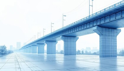 Obraz premium Blue architectural drawing of modern elevated highway bridge. Structure extends into distance, featuring concrete pillars, overhead wires. City buildings, trees visible in hazy background, with