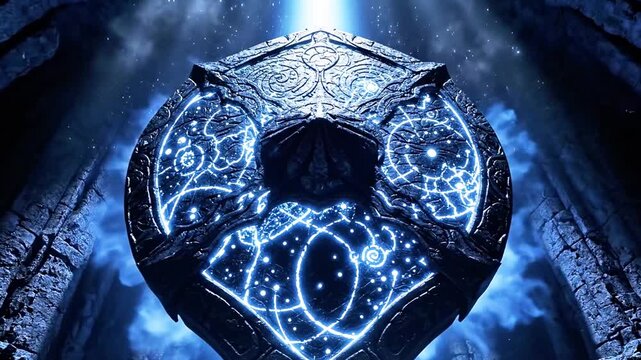 Blue, glowing heart-shaped relic with circuit-like motifs floats in a dark stone chamber within glow