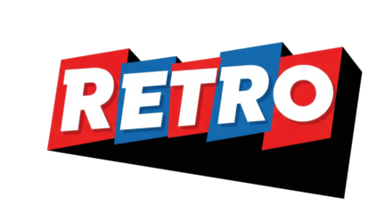 Bold white "retro" typography design on alternating vibrant red and blue skewed rectangles with a strong black 3d drop shadow, isolated on white background. Concept of dynamic pop art nostalgia