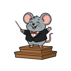 Cartoon Mouse Conductor Leading Orchestra with Baton. © Doyez Vector