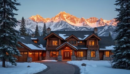Luxury log cabin lodge with stone accents sits below sunlit snow capped mountains at dusk. Evergreen trees line snowy driveway. Warm lights glow from windows of secluded mountain estate.