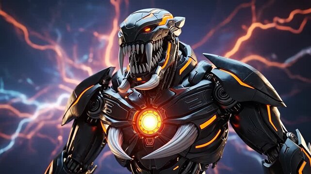Powerful Cybernetic Beast with Glowing Core Amidst Electric Storm.