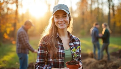 Young woman holds small plant seedling in pot outdoors. People plant trees in park during autumn sunset. Volunteers care for nature, work together. Eco concept.