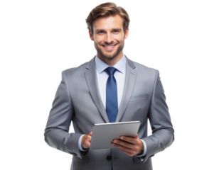 Business advisor in grey suit, holding a digital planner, standing pose, isolated on a transparent background, PNG