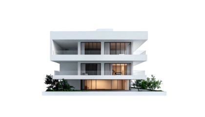 Modern three-story house with stacked rectangular design, large windows, and balconies