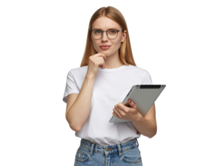 Young consultant with tablet in hand, casual modern office attire, standing pose, isolated on a transparent background, PNG