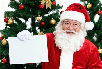 Cheerful Santa Claus with a White Board Standing in Front of a Festively Decorated Christmas Tree du Holiday Celebration