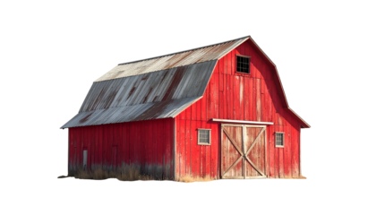 A classic red barn with a weathered metal roof against a black backdrop, isolated