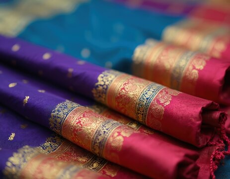 Deep purple and teal blue silk sarees feature intricate gold zari patterns. Vibrant fuchsia border adds luxury. Fabric folds display rich texture and craftsmanship, suitable for formal events.