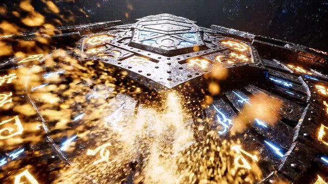 A colossal metallic ring vessel vents glowing runes amid sparks, orbiting a dark space furnace anew!
