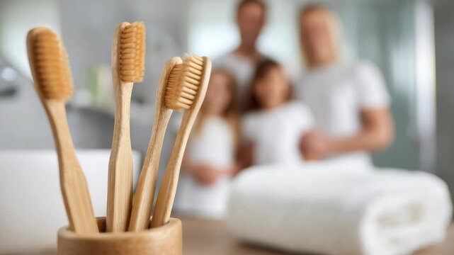 Close up of natural bamboo toothbrushes in a holder, emphasizing zero waste and eco conscious living. A family stands together in a bright, contemporary bathroom setting