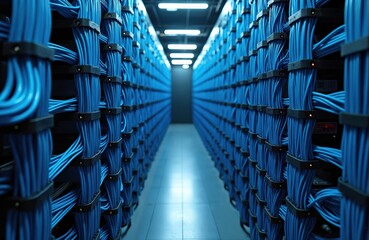 Rows of many blue ethernet cables stretch down hallway in modern data center. Tech infrastructure inside server room with organized wires and equipment. High speed digital network connection.