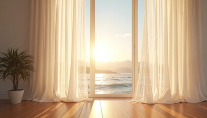 Fototapeta premium White curtains flutter open to reveal ocean sunrise over calm sea, sunlight bathes wooden floor. Potted plant sits near window, serene coastal morning ambiance.