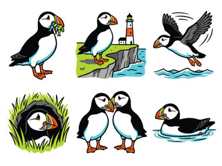 Collection of Adorable Puffins in Various Poses and Settings.