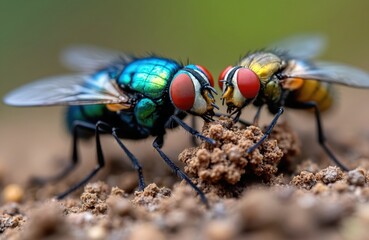 Two flies, one metallic blue, yellow striped, eat together on dirty soil. Extreme closeup shows large red compound eyes, hairy legs. Insects gather on ground, feeding on waste matter, natural cycles.