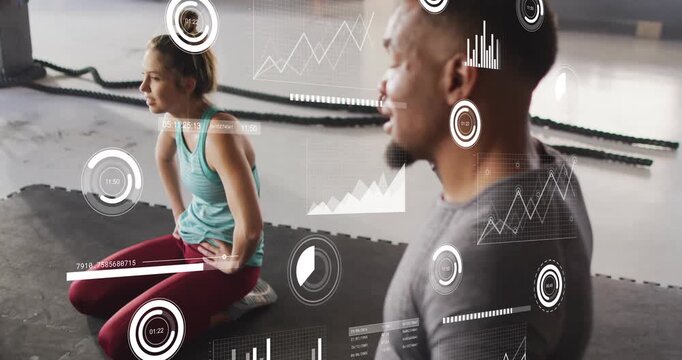 Coach coaching client speaking and showing right punch on mat client preparing HUD overlay tracking