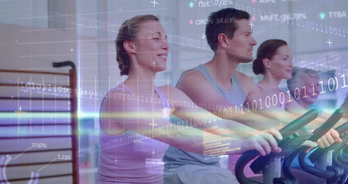 Pullback revealing row, woman in lavender top pedaling while data overlays visualizing fitness data