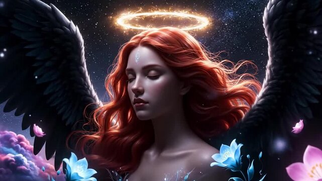 Ethereal angel in cosmic bloom: celestial guardian with halo amidst vibrant flowers