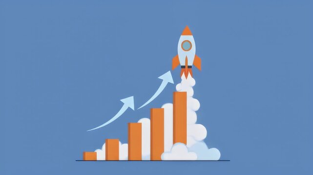 Rocket launching from growing business graph, startup success growth animation, 4k
